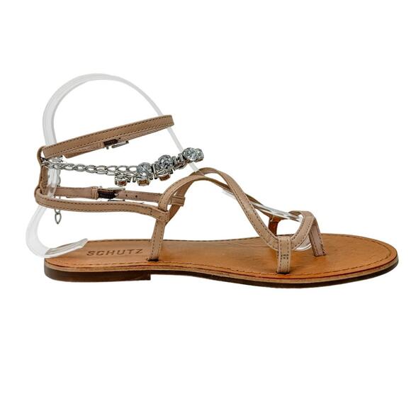 SCHUTZ Crystal Embellished Leather Strappy Thong Sandals size 7B Neutral Boho - Picture 8 of 12